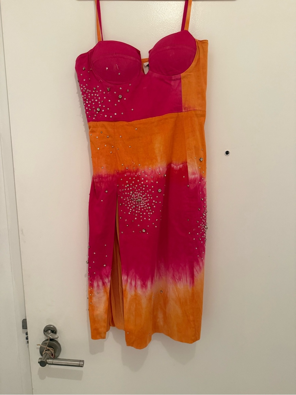 Pink & Orange Tie-Dye Midi Dress with Rhinestone Accents